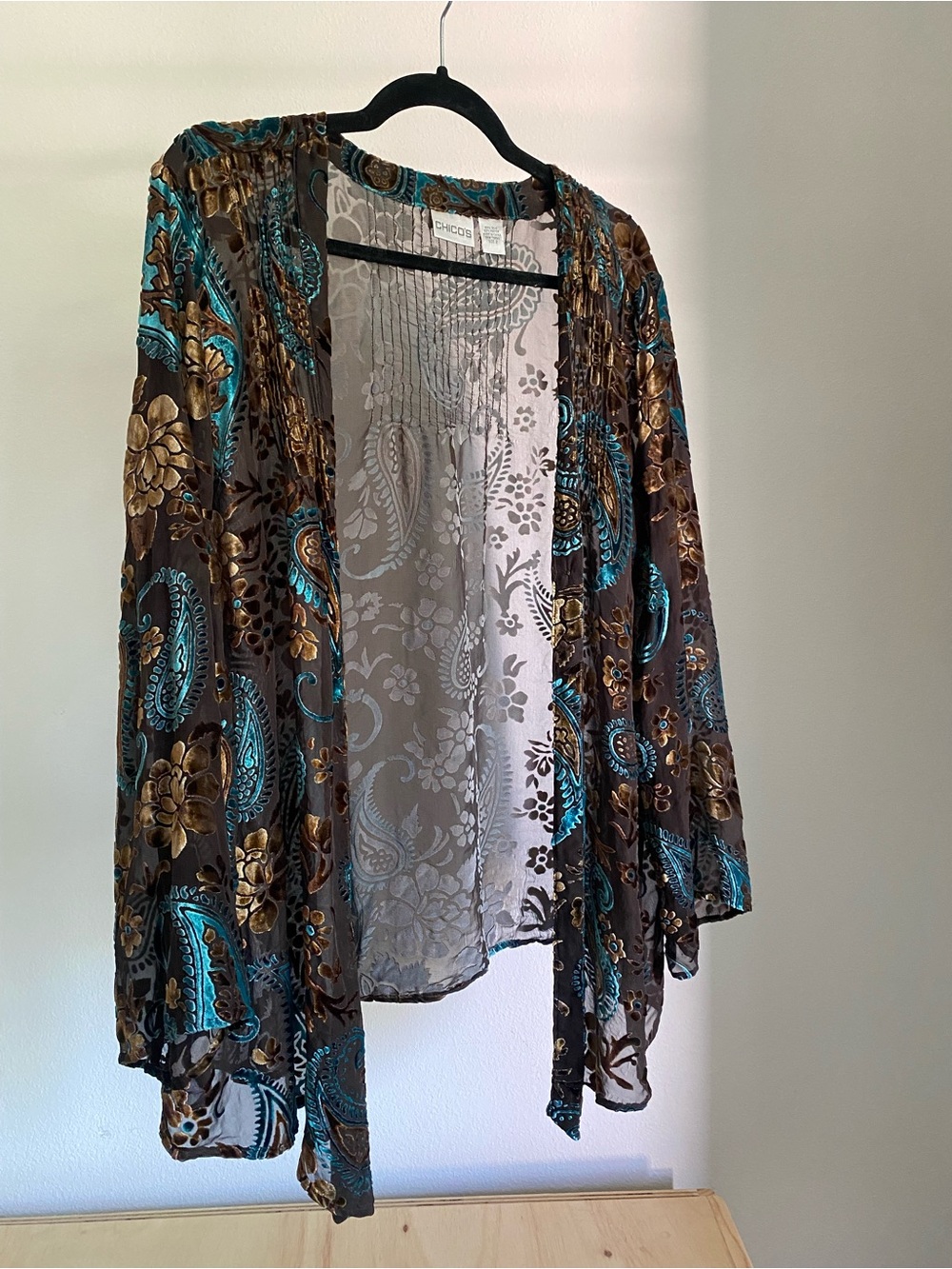 Chico's Velvet Burnout Paisley Kimono in Teal and Brown